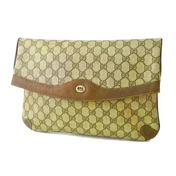 GUCCI Brown GG PVC and Leather Clutch/Cosmetic Pouch, Vintage Authentic - Picture 1 of 14